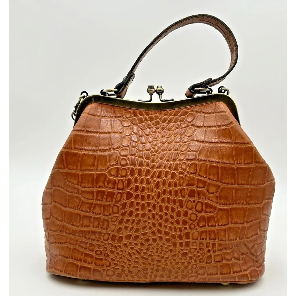 Patricia Nash Laureana Framed Satchel Brown‎ Croc Embossed Leather Bag
